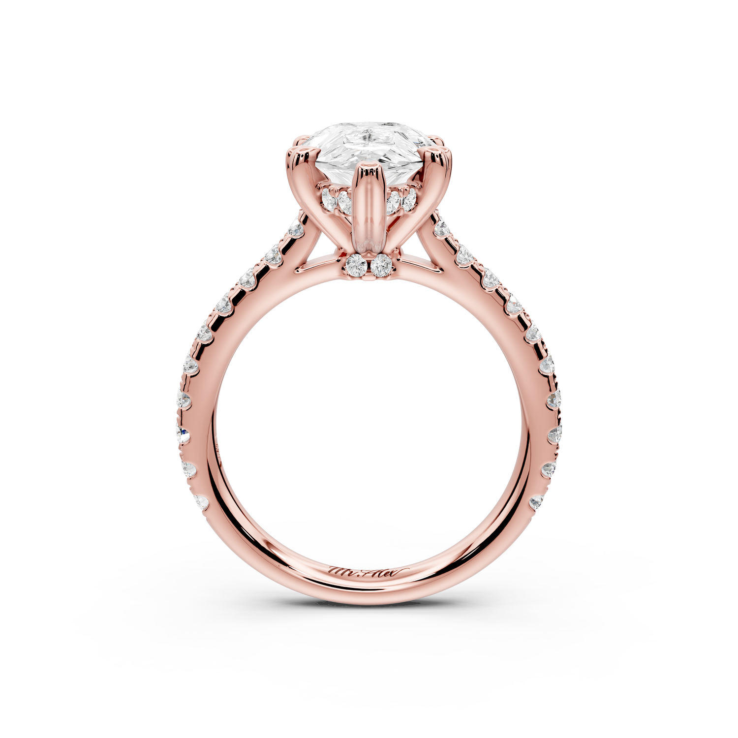 Isabella - 3ct 14k rose gold pear hidden halo diamond bridge cathedral Pavé Engagement ring