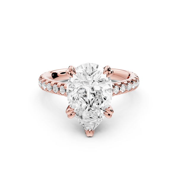 Isabella - 3ct 14k rose gold pear hidden halo diamond bridge cathedral Pavé Engagement ring
