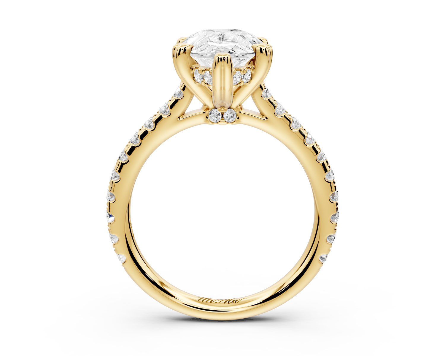 Isabella - 3ct 14k yellow gold pear hidden halo diamond bridge cathedral Pavé Engagement ring