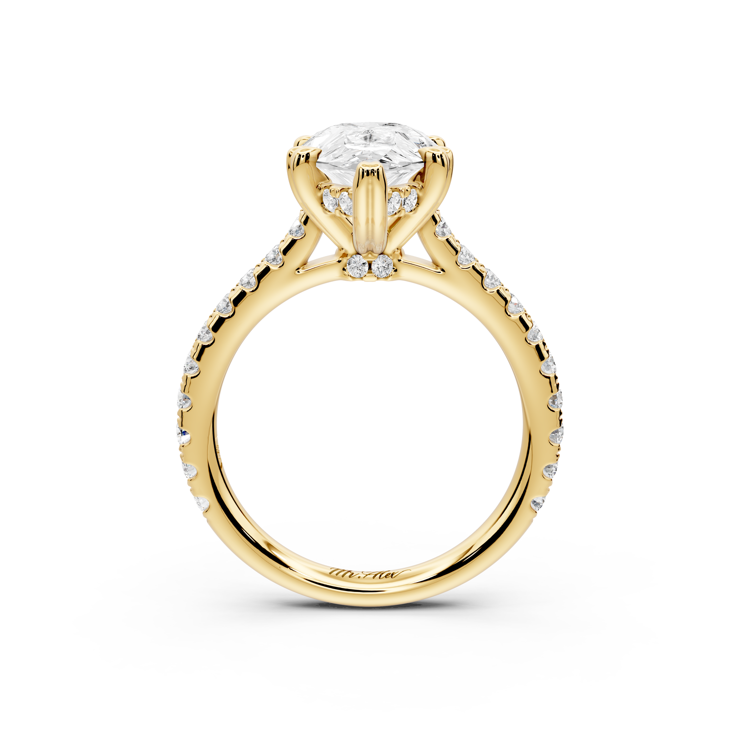 Isabella - 3ct 14k yellow gold pear hidden halo diamond bridge cathedral Pavé Engagement ring