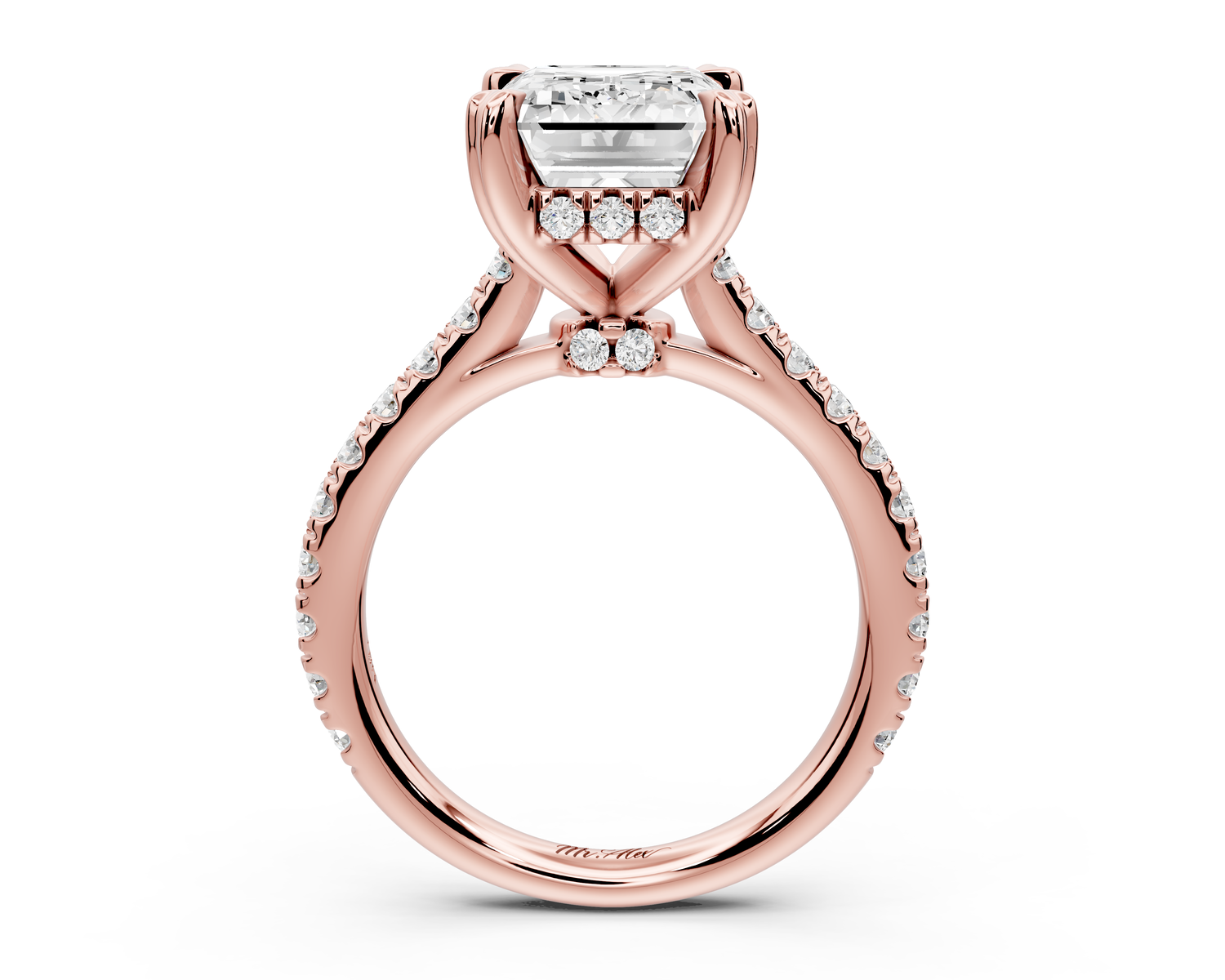 Isabella - 4ct 14k rose gold emerald hidden halo diamond bridge cathedral Pavé Engagement ring