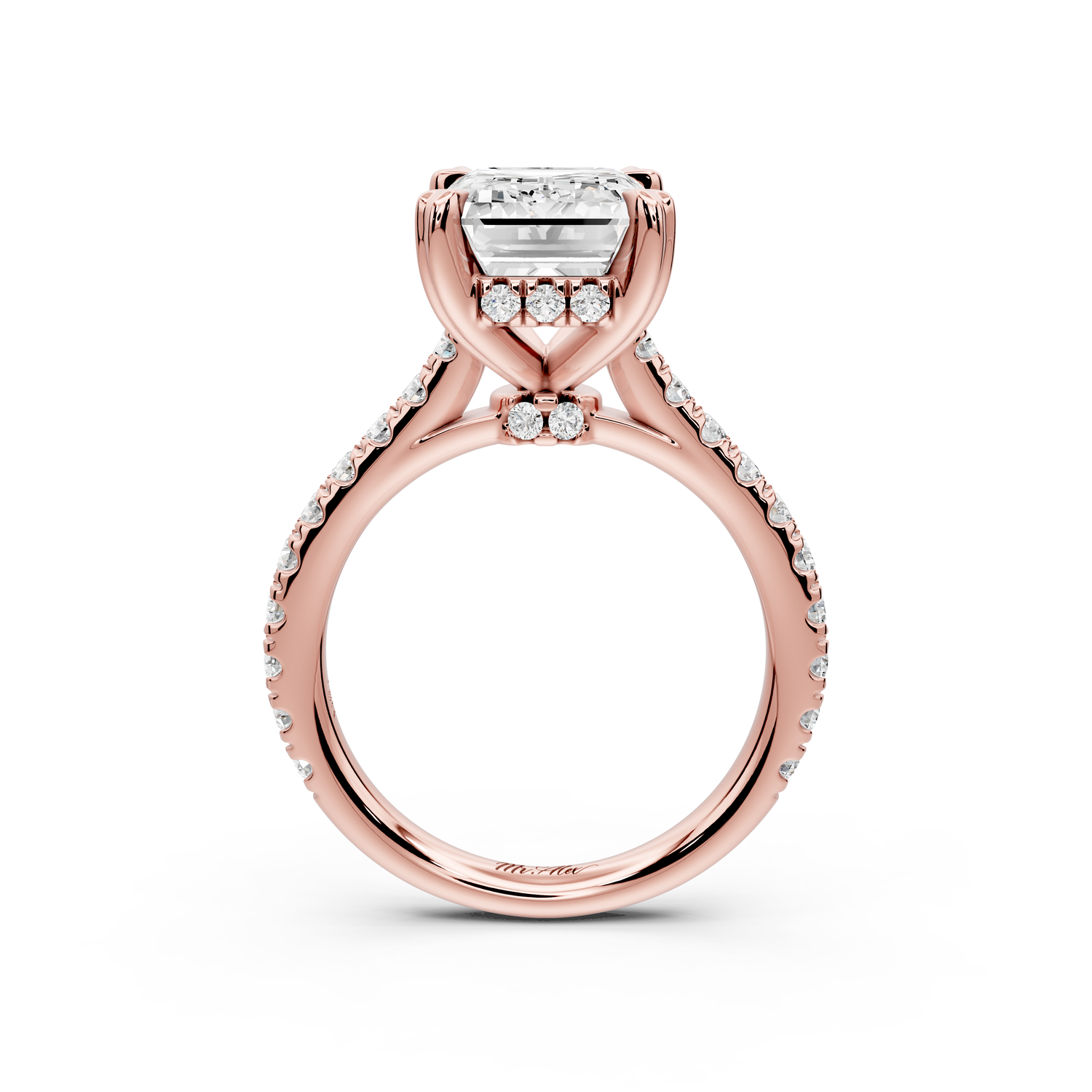 Isabella - 4ct 14k rose gold emerald hidden halo diamond bridge cathedral Pavé Engagement ring