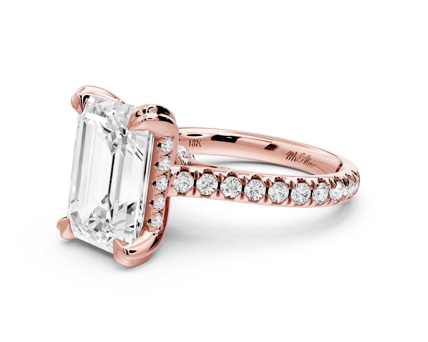 Isabella - 4ct 14k rose gold emerald hidden halo diamond bridge cathedral Pavé Engagement ring