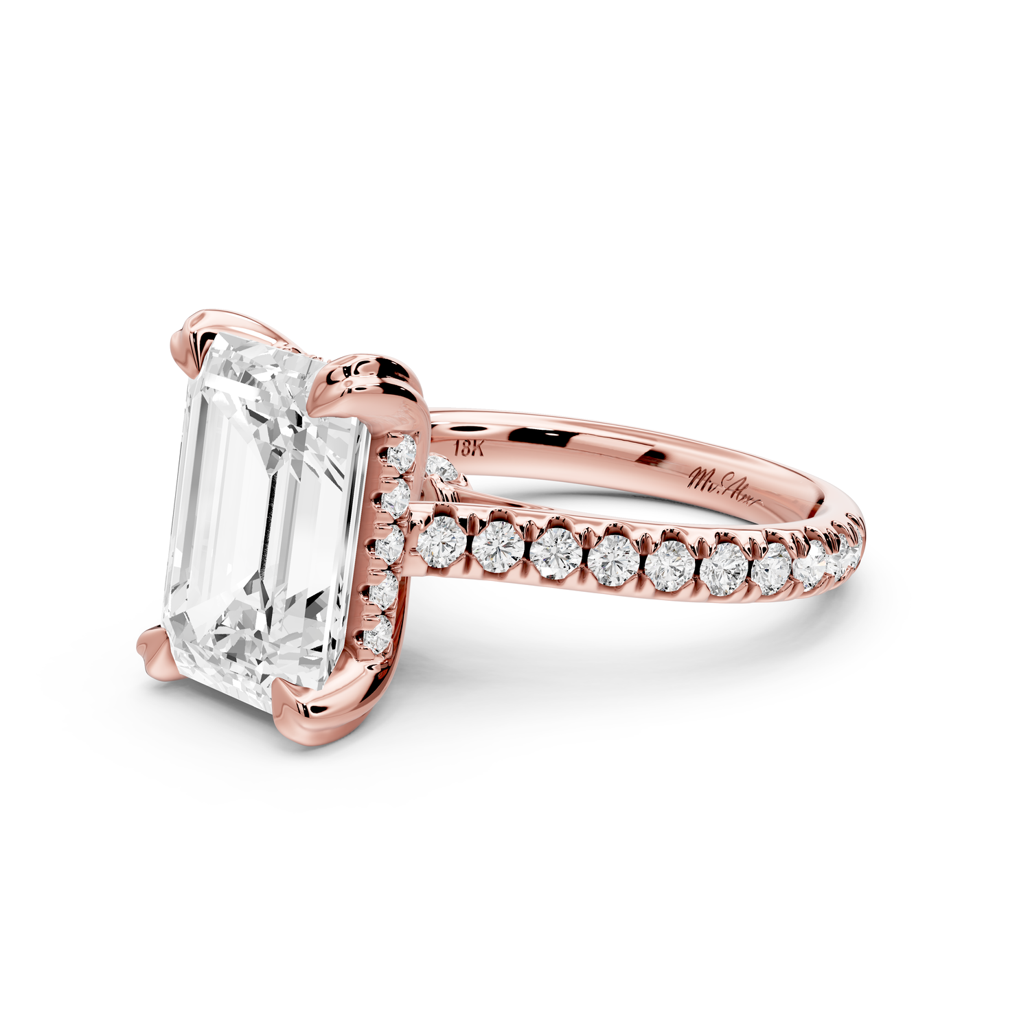 Isabella - 4ct 14k rose gold emerald hidden halo diamond bridge cathedral Pavé Engagement ring