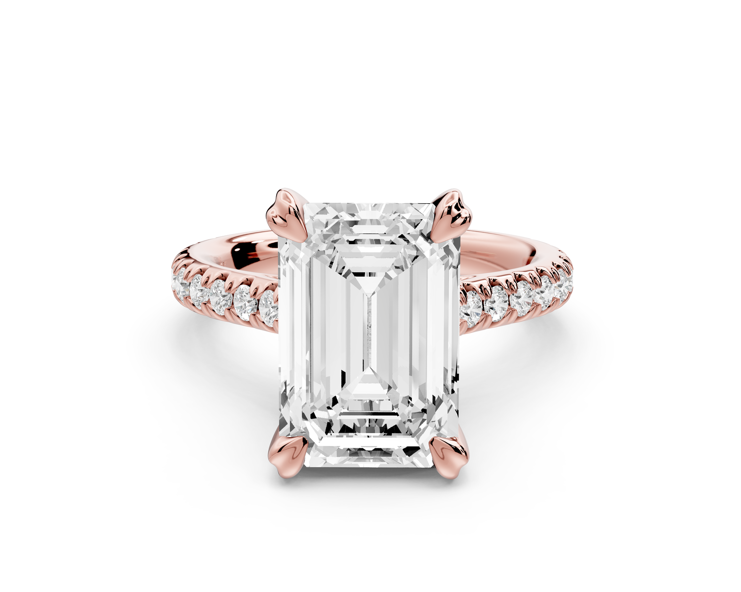 Isabella - 4ct 14k rose gold emerald hidden halo diamond bridge cathedral Pavé Engagement ring
