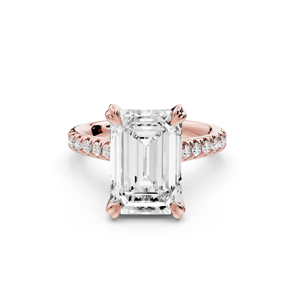 Isabella - 4ct 14k rose gold emerald hidden halo diamond bridge cathedral Pavé Engagement ring