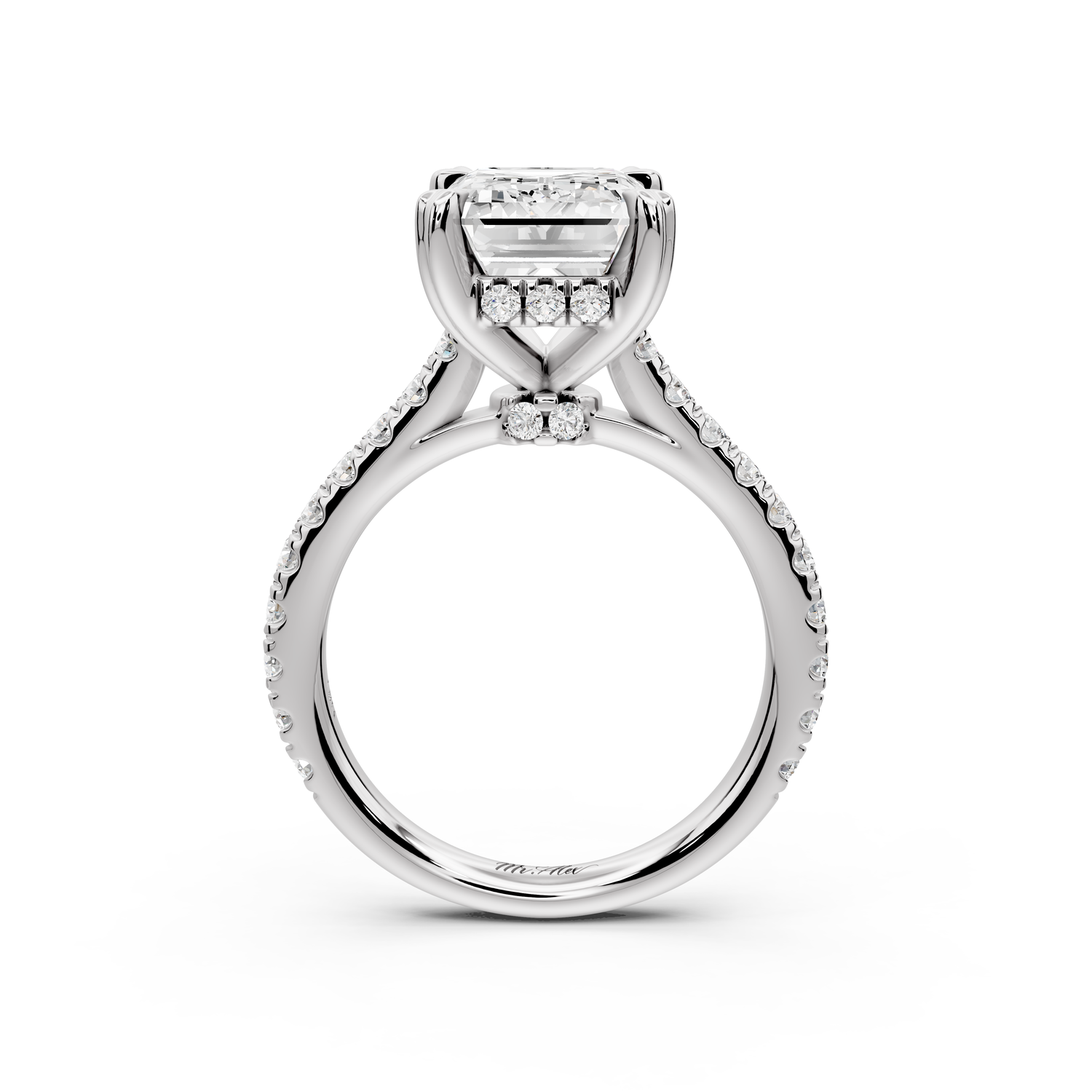 Isabella - 4ct 14k white gold emerald hidden halo diamond bridge cathedral Pavé Engagement ring