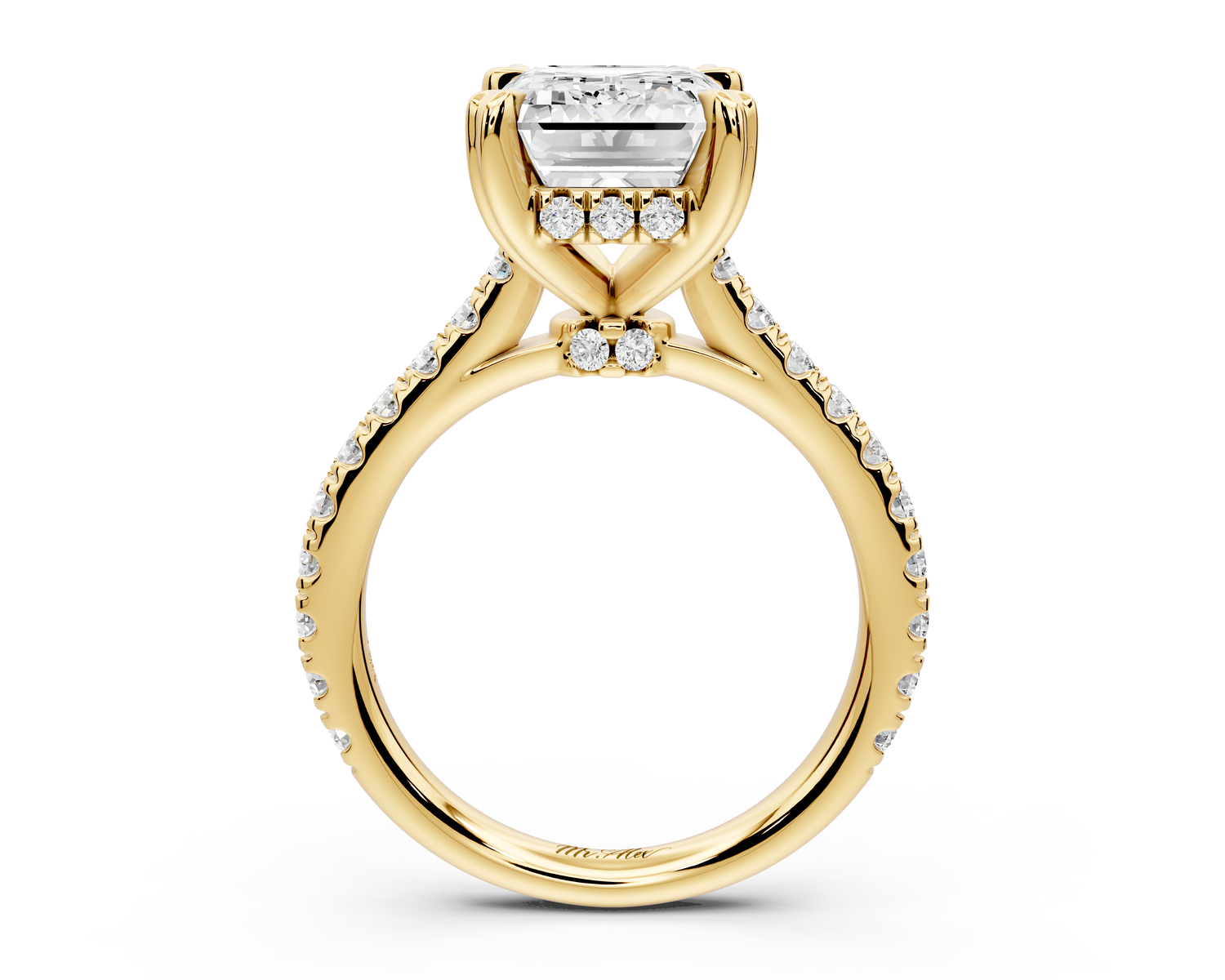 Isabella - 4ct 14k yellow gold emerald hidden halo diamond bridge cathedral Pavé Engagement ring