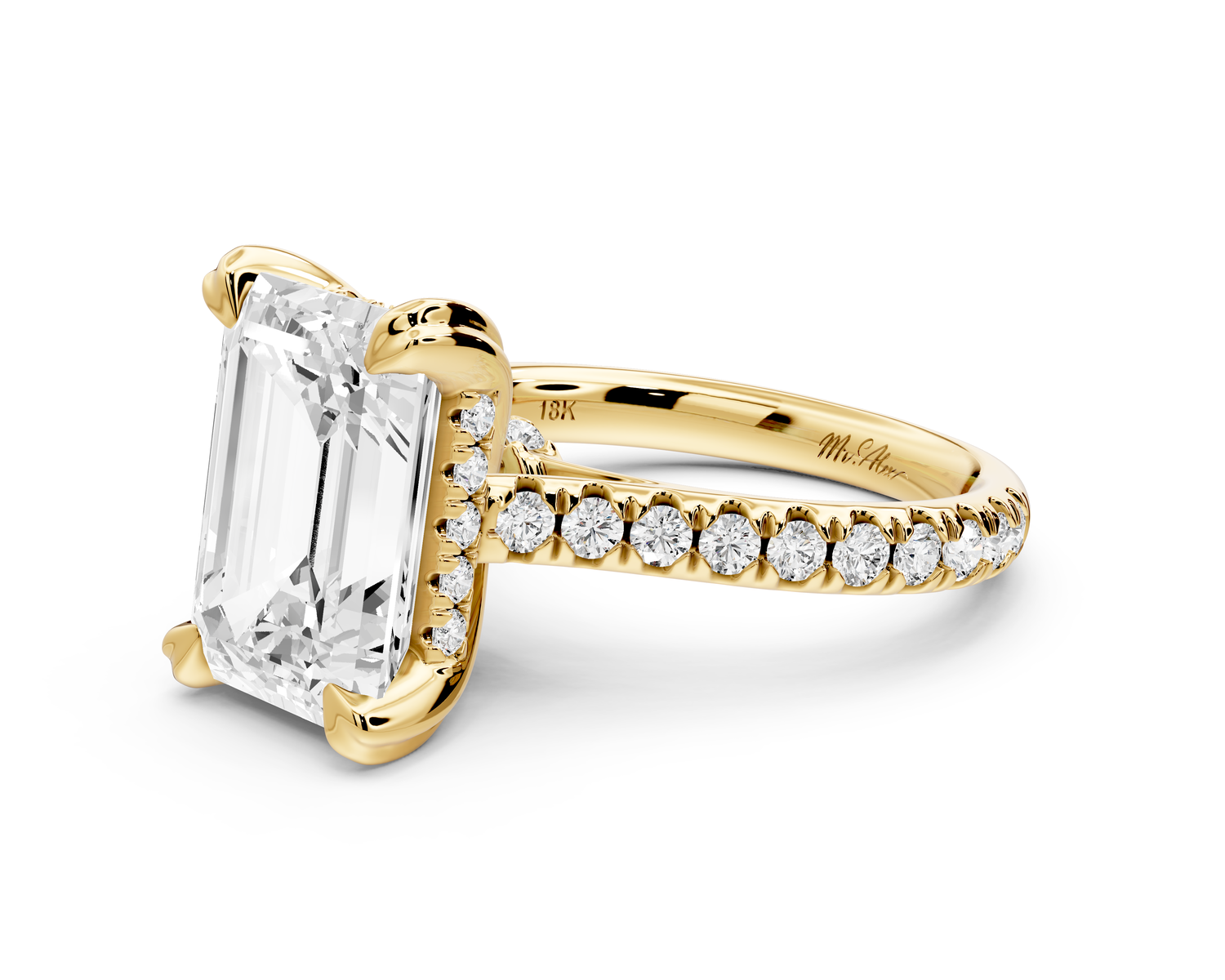 Isabella - 4ct 14k yellow gold emerald hidden halo diamond bridge cathedral Pavé Engagement ring