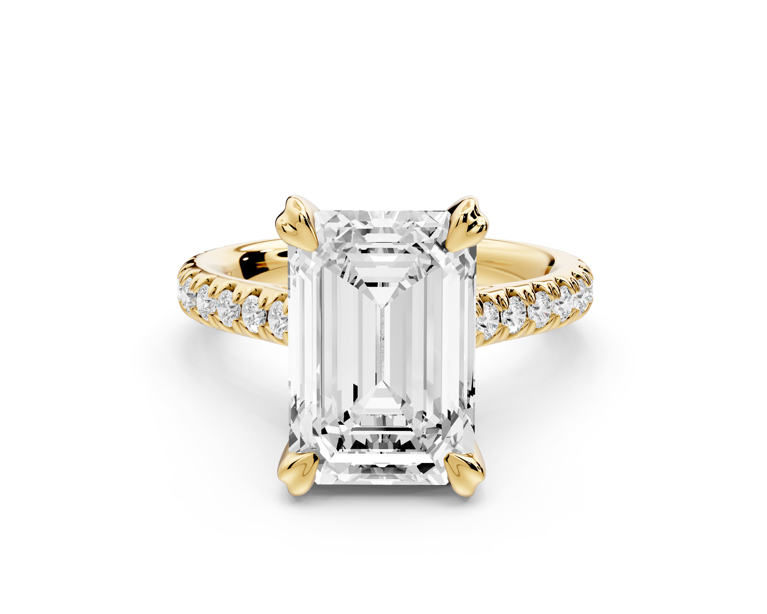 Isabella - 4ct 14k yellow gold emerald hidden halo diamond bridge cathedral Pavé Engagement ring