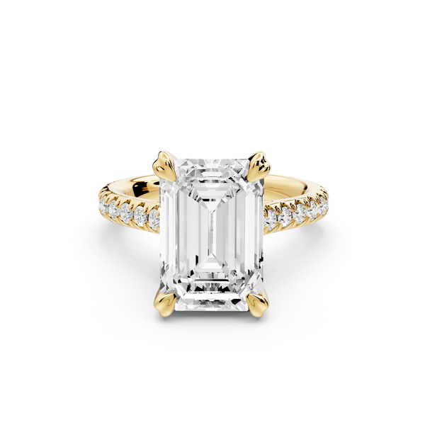 Isabella - 4ct 14k yellow gold emerald hidden halo diamond bridge cathedral Pavé Engagement ring