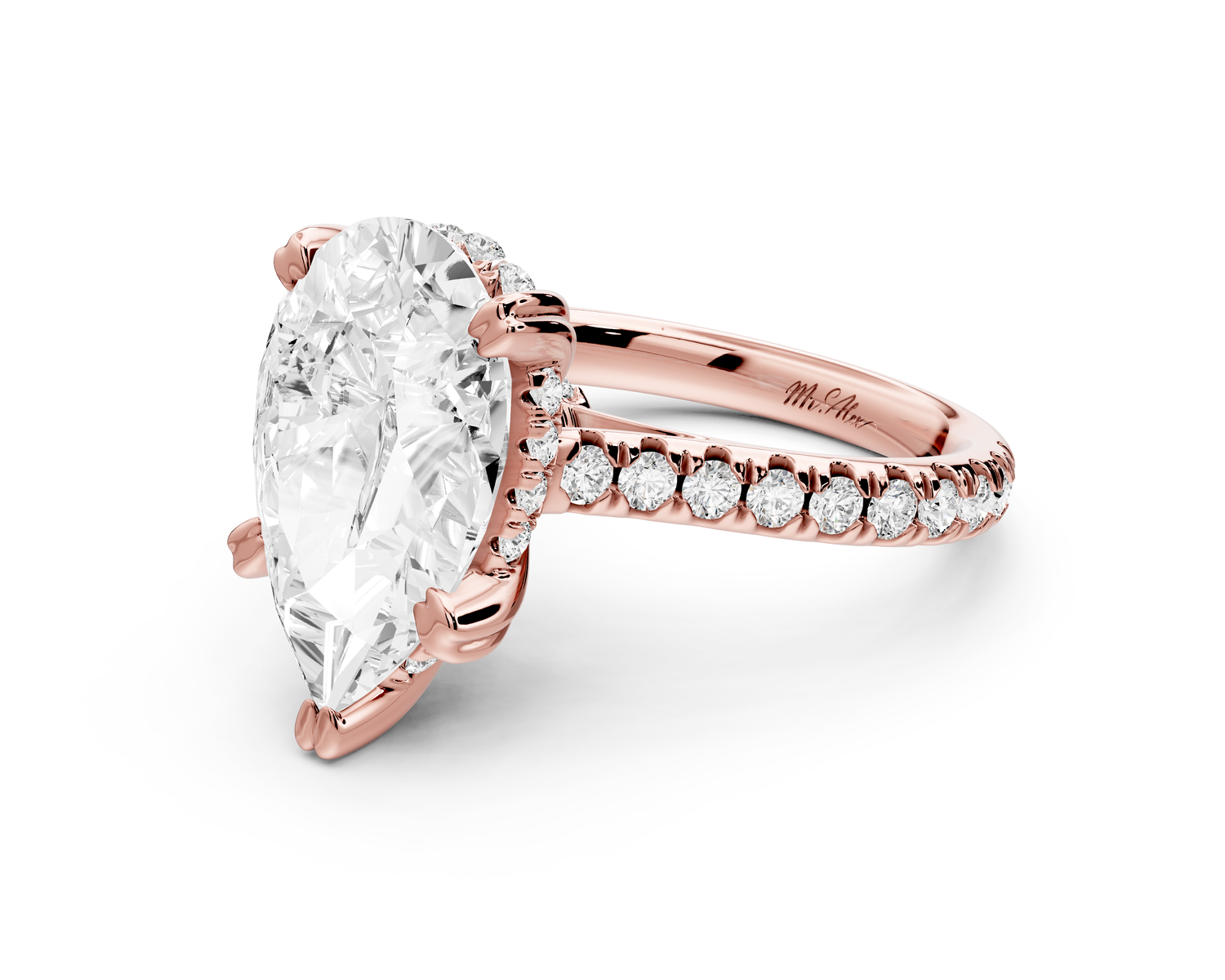 Isabella - 4ct 14k rose gold pear hidden halo diamond bridge cathedral Pavé Engagement ring