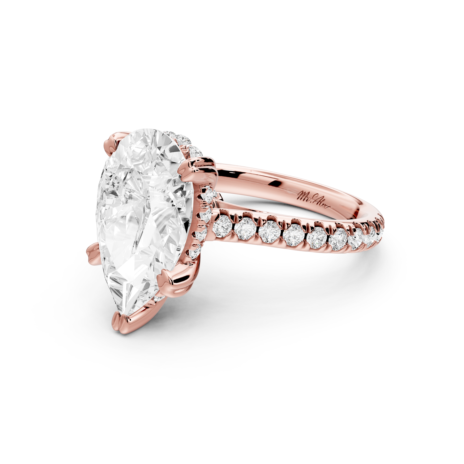 Isabella - 4ct 14k rose gold pear hidden halo diamond bridge cathedral Pavé Engagement ring