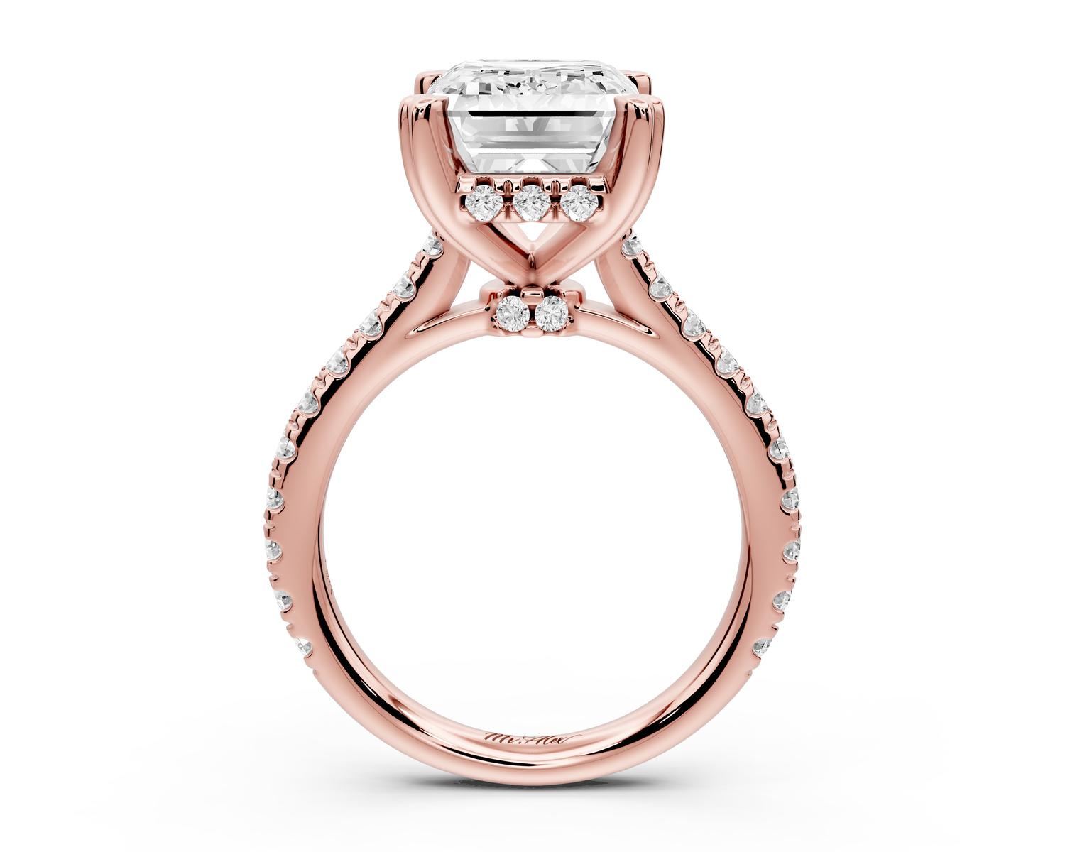 Isabella - 5ct 14k rose gold emerald hidden halo diamond bridge cathedral Pavé Engagement ring