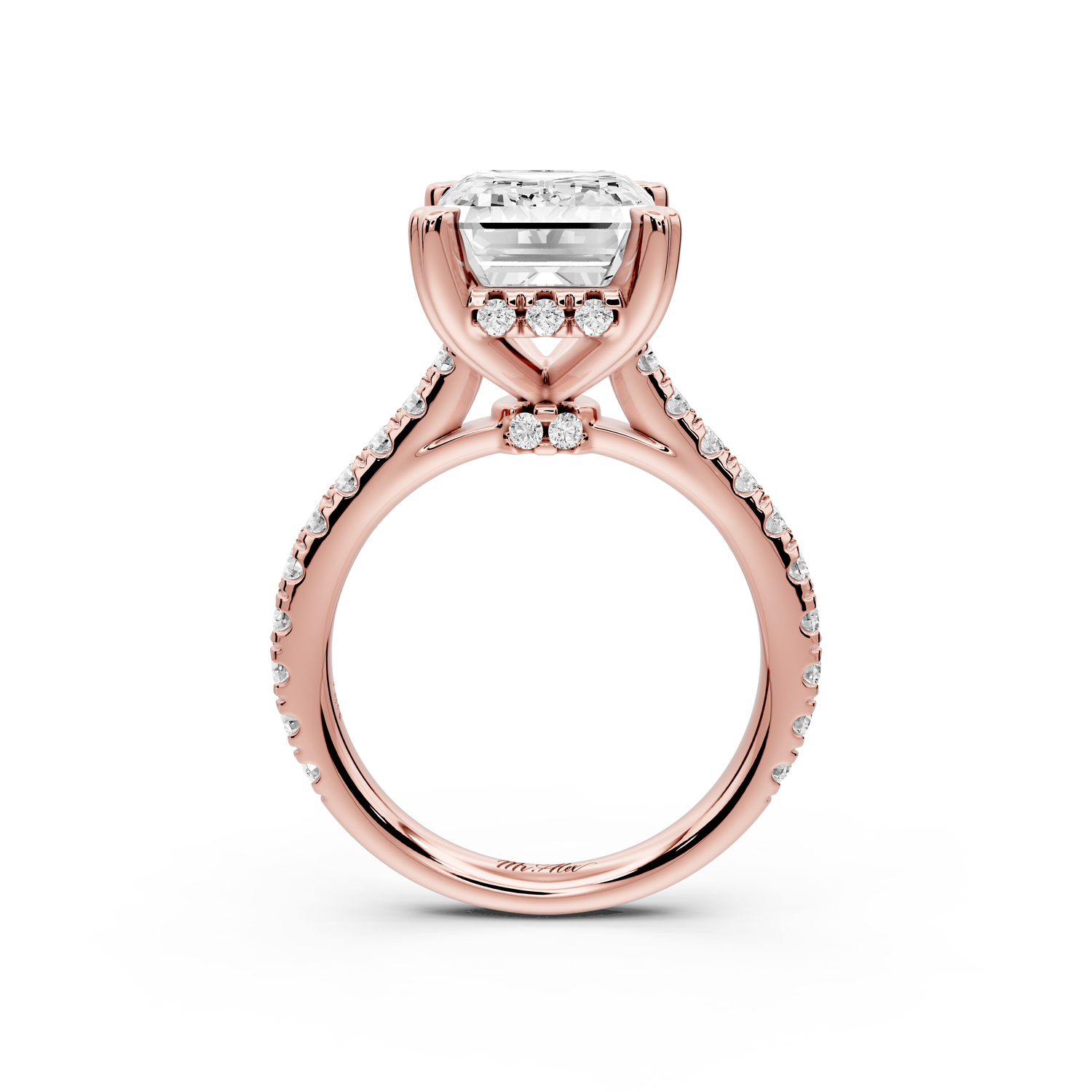 Isabella - 5ct 14k rose gold emerald hidden halo diamond bridge cathedral Pavé Engagement ring