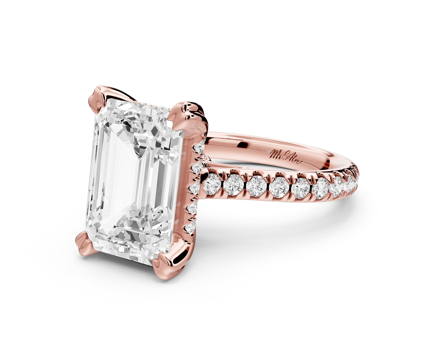 Isabella - 5ct 14k rose gold emerald hidden halo diamond bridge cathedral Pavé Engagement ring