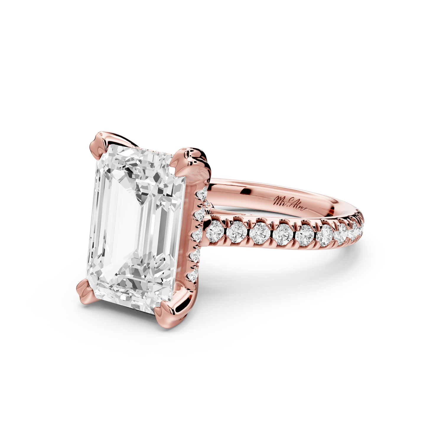 Isabella - 5ct 14k rose gold emerald hidden halo diamond bridge cathedral Pavé Engagement ring