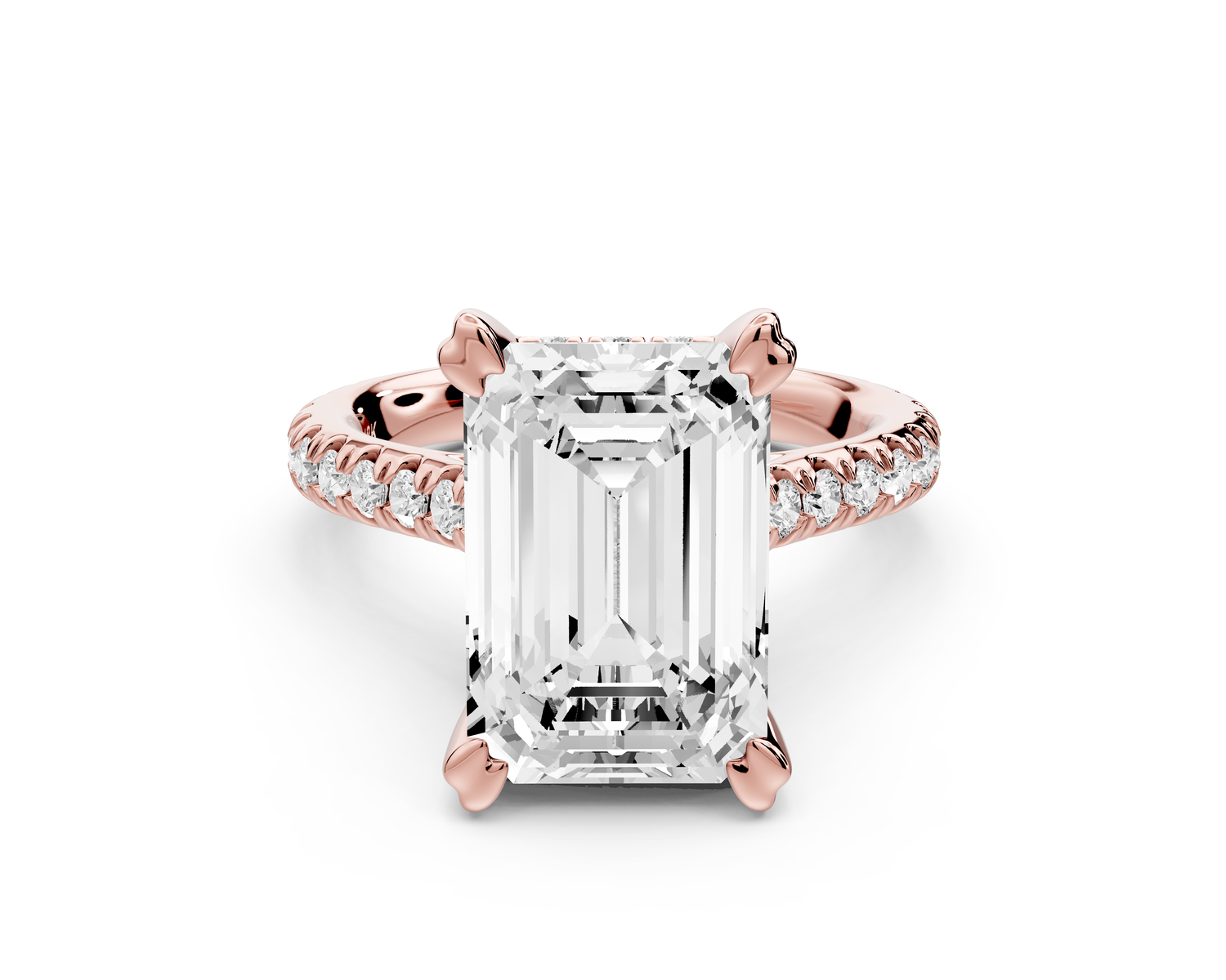 Isabella - 5ct 14k rose gold emerald hidden halo diamond bridge cathedral Pavé Engagement ring