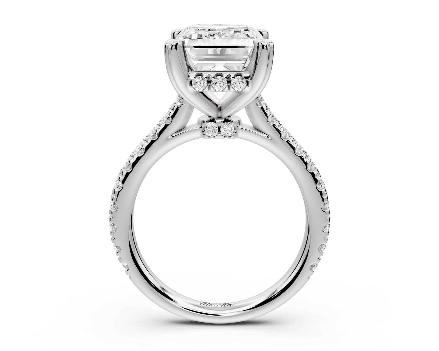 Isabella - 5ct 14k white gold emerald hidden halo diamond bridge cathedral Pavé Engagement ring