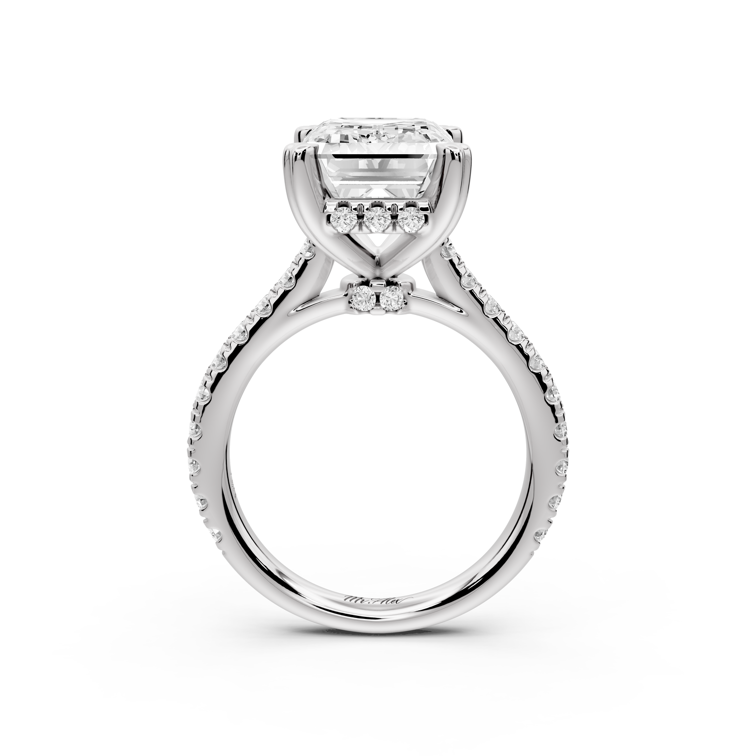 Isabella - 5ct 14k white gold emerald hidden halo diamond bridge cathedral Pavé Engagement ring