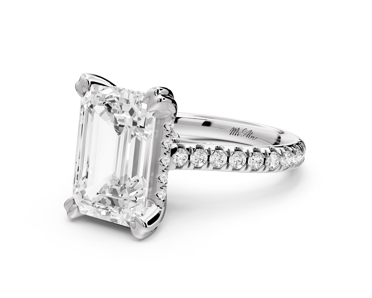 Isabella - 5ct 14k white gold emerald hidden halo diamond bridge cathedral Pavé Engagement ring