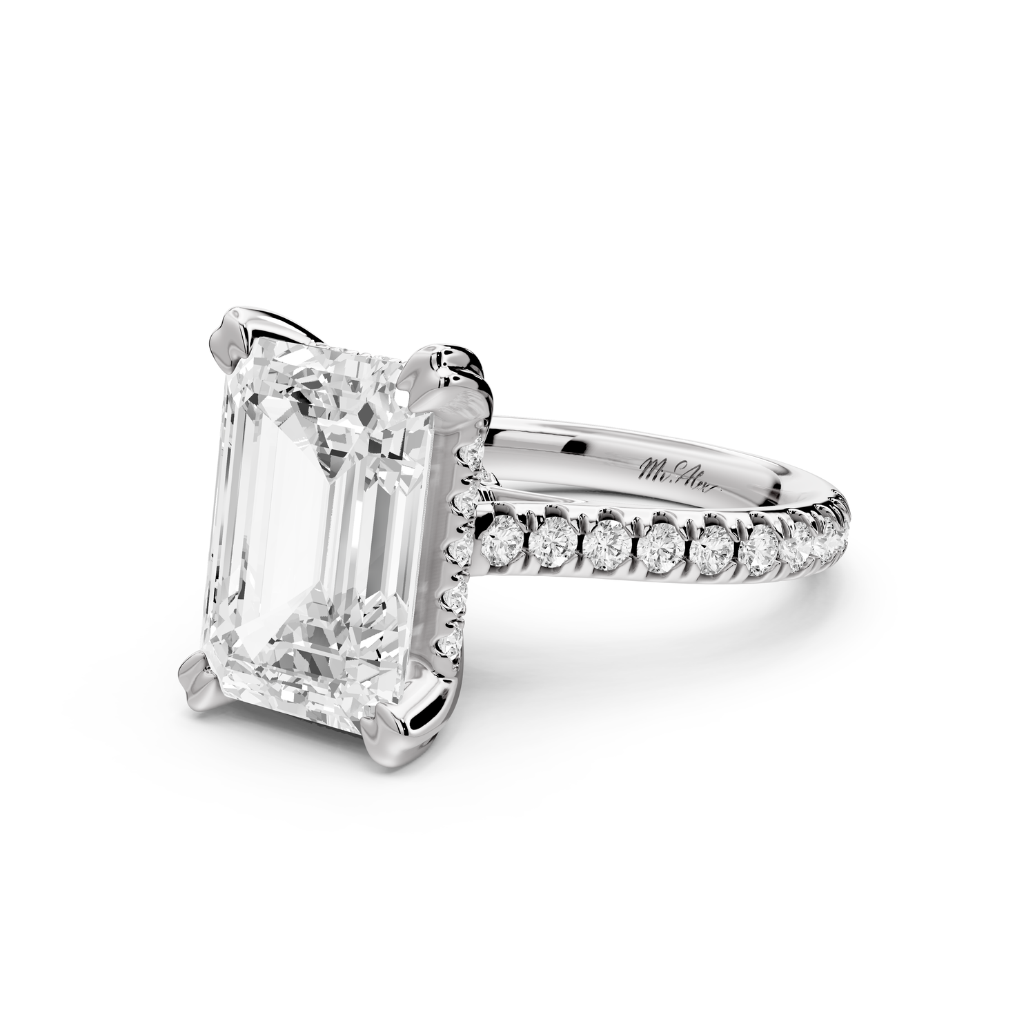 Isabella - 5ct 14k white gold emerald hidden halo diamond bridge cathedral Pavé Engagement ring