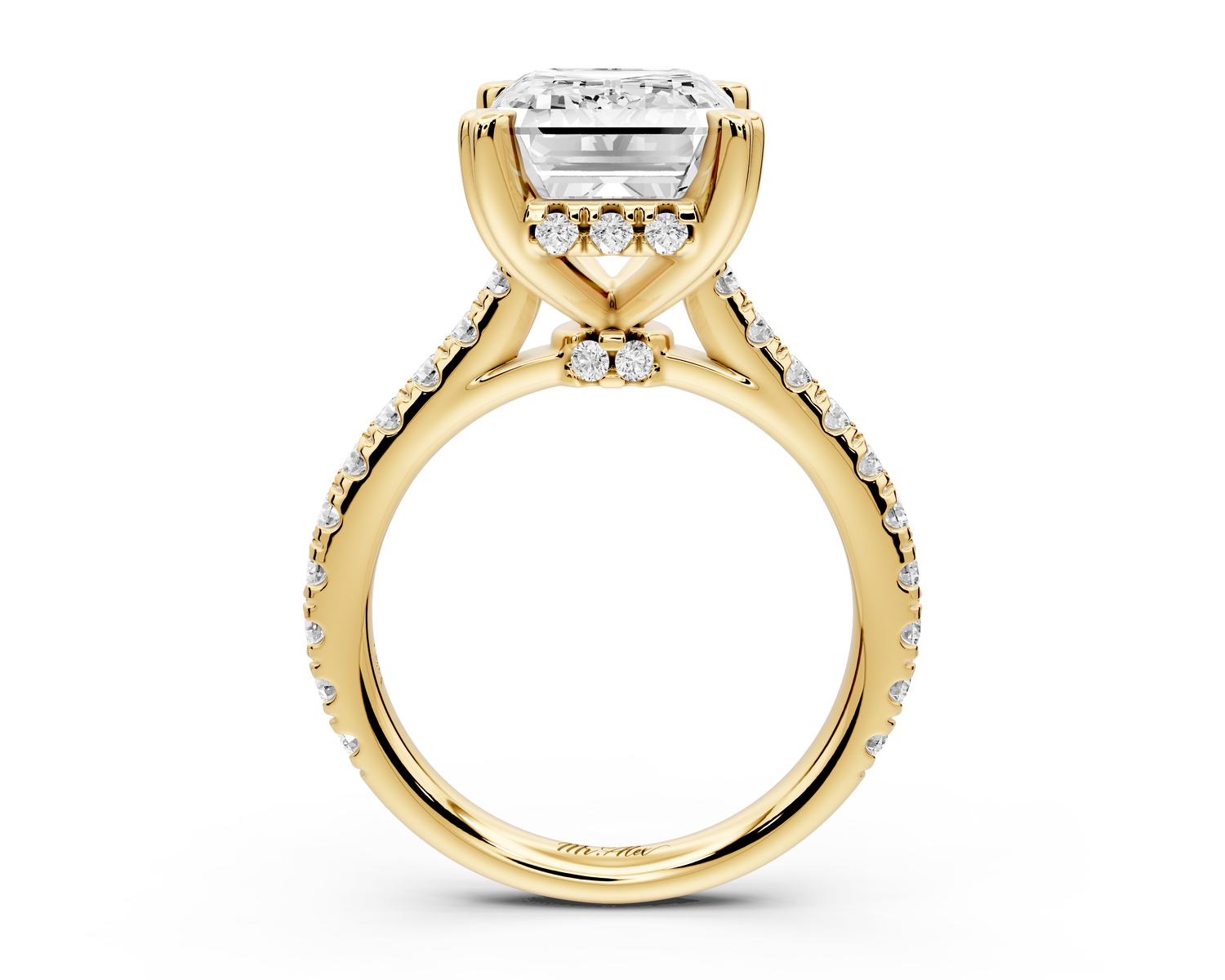 Isabella - 5ct 14k yellow gold emerald hidden halo diamond bridge cathedral Pavé Engagement ring
