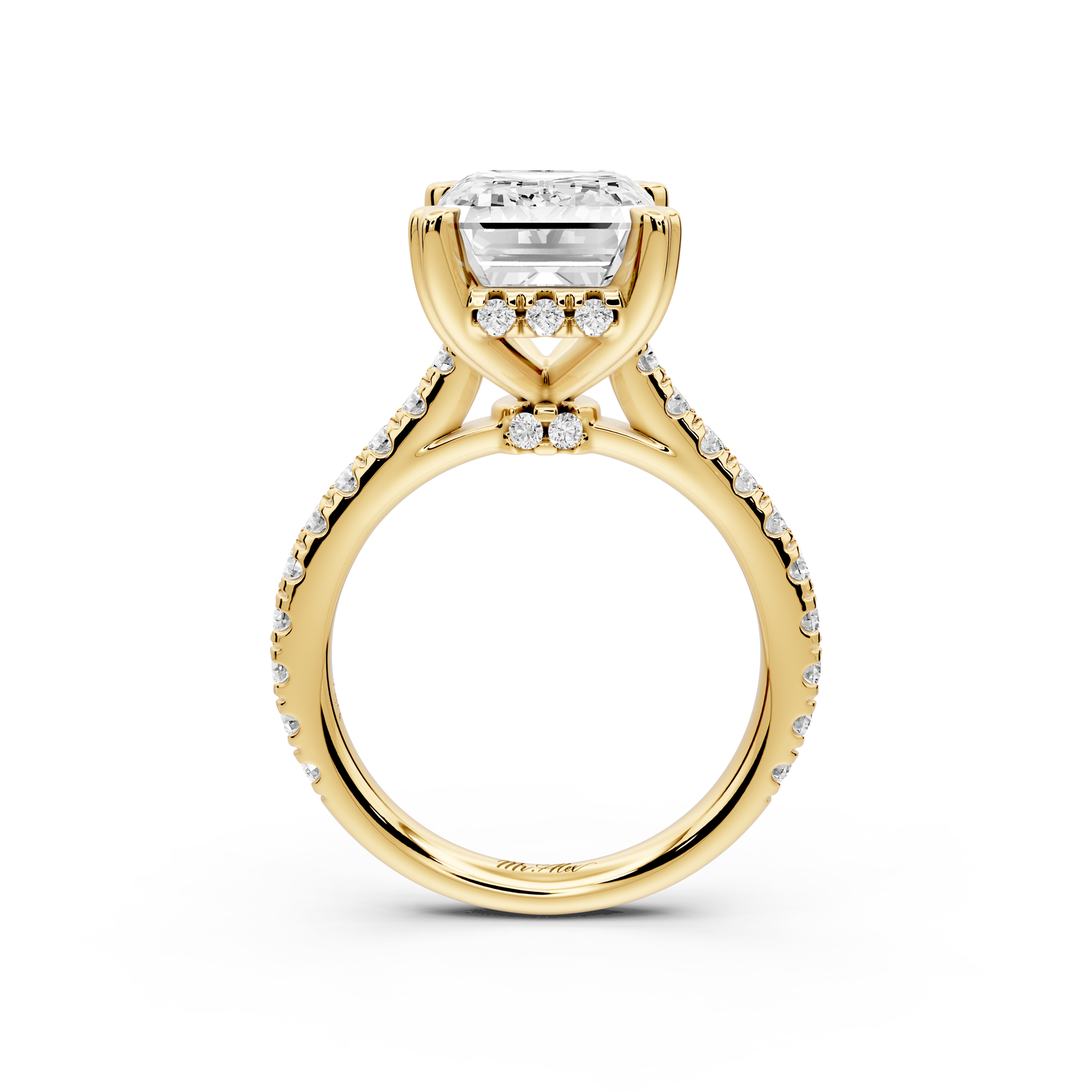 Isabella - 5ct 14k yellow gold emerald hidden halo diamond bridge cathedral Pavé Engagement ring