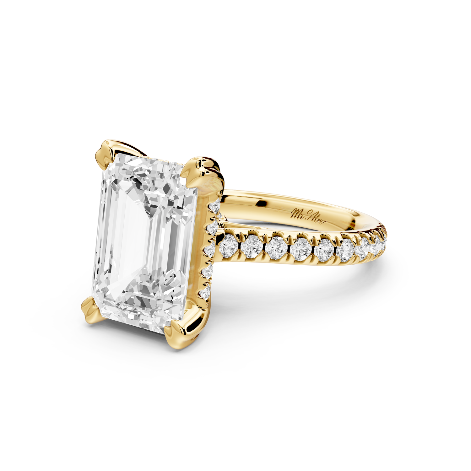 Isabella - 5ct 14k yellow gold emerald hidden halo diamond bridge cathedral Pavé Engagement ring