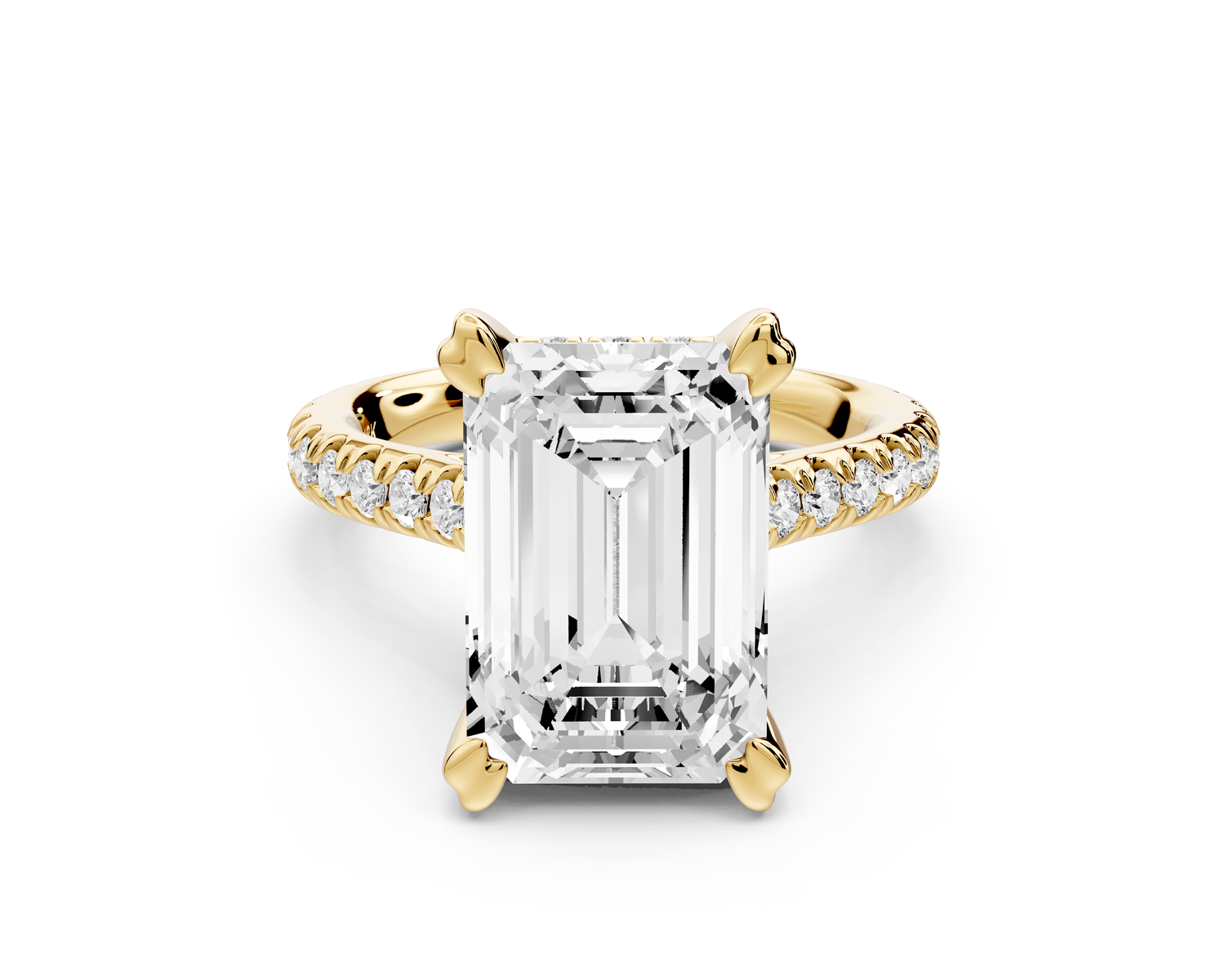 Isabella - 5ct 14k yellow gold emerald hidden halo diamond bridge cathedral Pavé Engagement ring