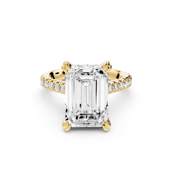 Isabella - 5ct 14k yellow gold emerald hidden halo diamond bridge cathedral Pavé Engagement ring