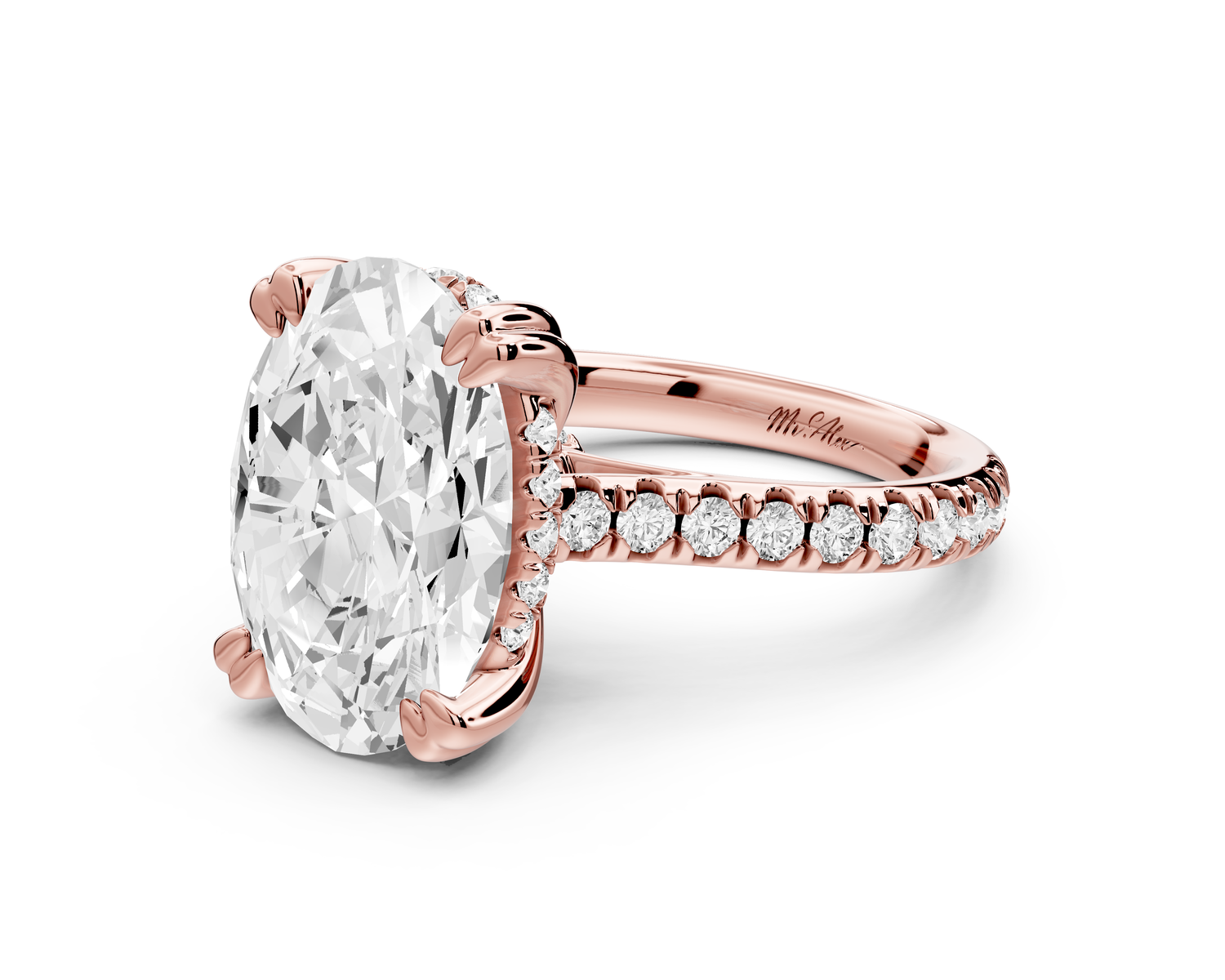 Isabella - 5ct 14k rose gold oval hidden halo diamond bridge cathedral Pavé Engagement ring