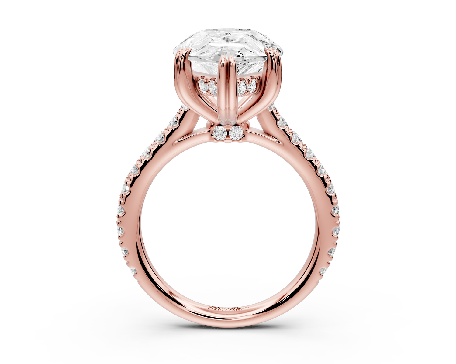 Isabella - 5ct 14k rose gold pear hidden halo diamond bridge cathedral Pavé Engagement ring