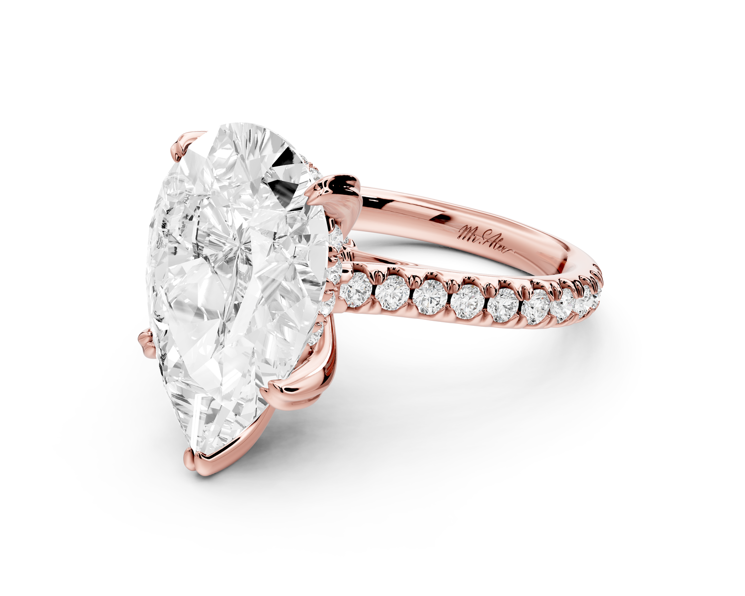 Isabella - 5ct 14k rose gold pear hidden halo diamond bridge cathedral Pavé Engagement ring