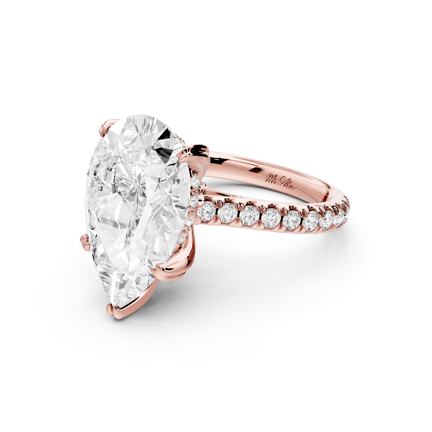 Isabella - 5ct 14k rose gold pear hidden halo diamond bridge cathedral Pavé Engagement ring