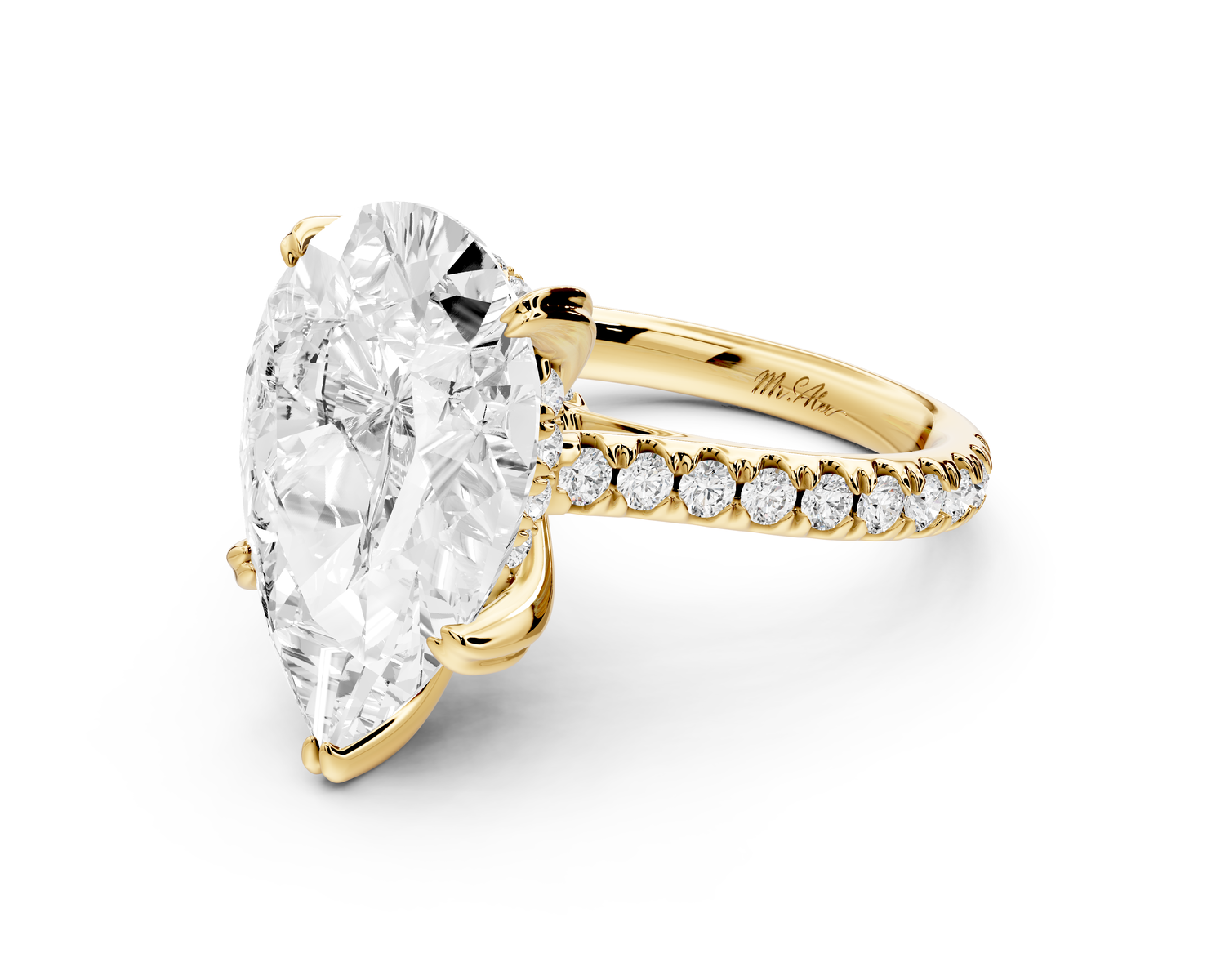 Isabella - 5ct 14k yellow gold pear hidden halo diamond bridge cathedral Pavé Engagement ring