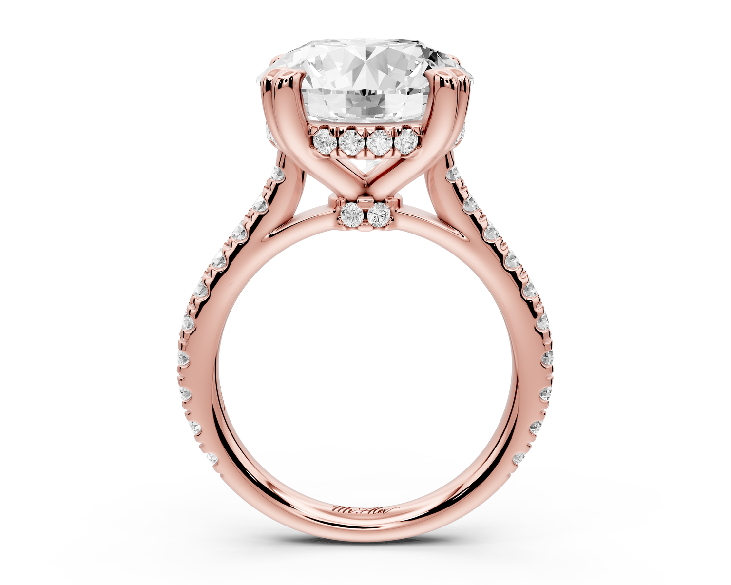Isabella - 5ct 18k rose gold round hidden halo diamond bridge cathedral Pavé engagment ring