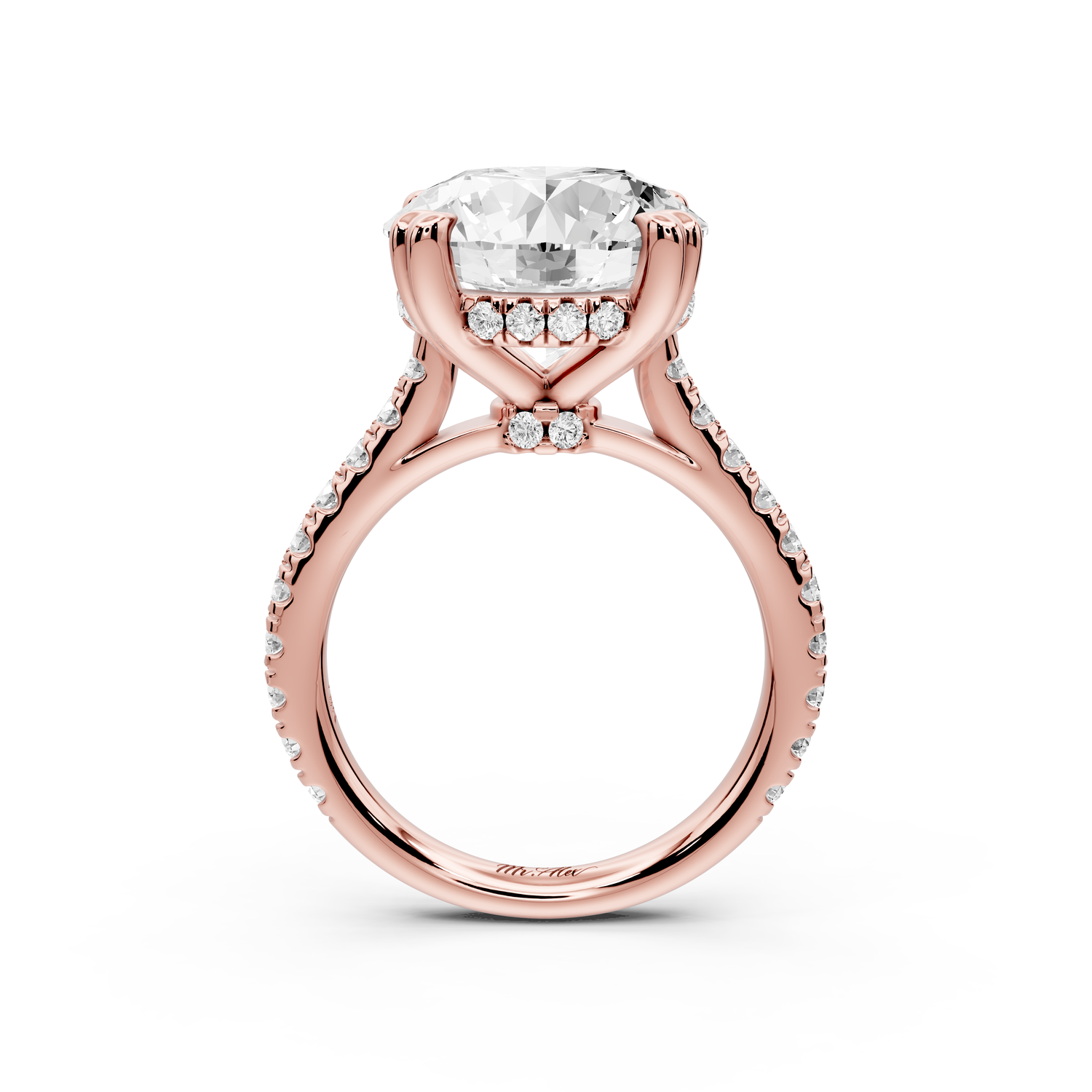 Isabella - 5ct 18k rose gold round hidden halo diamond bridge cathedral Pavé engagment ring