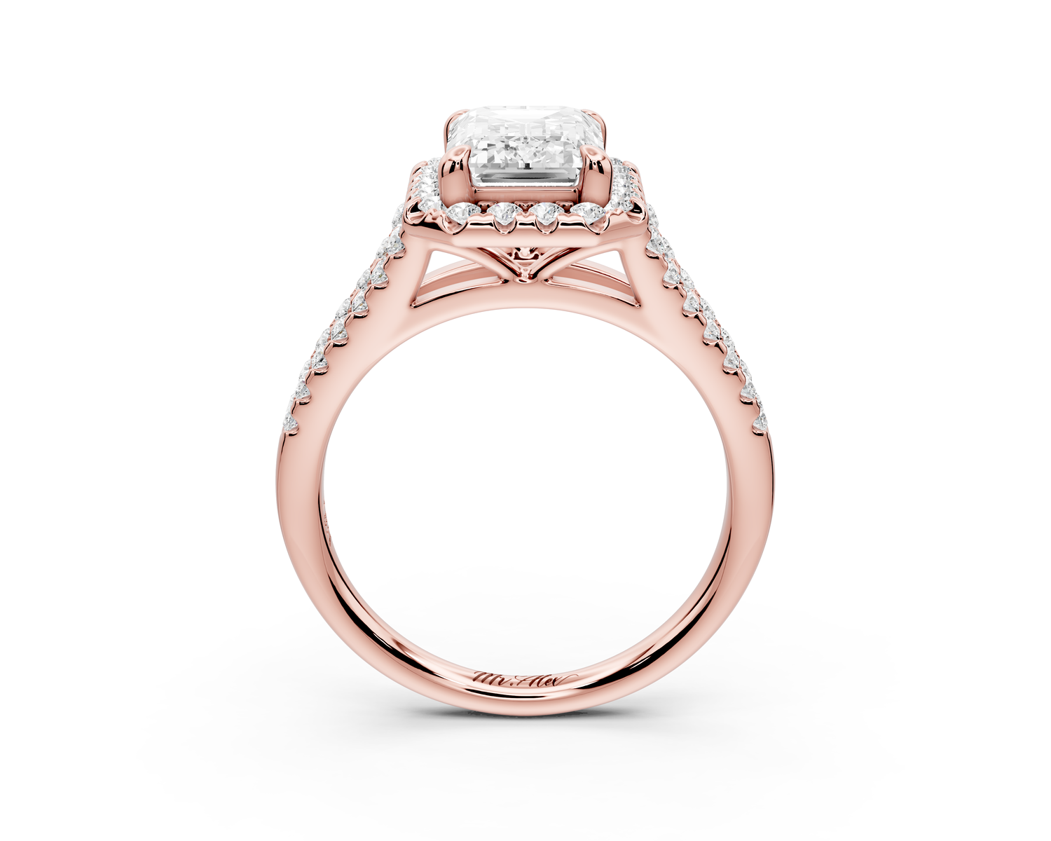 Gabrielle - 2ct 14k rose gold emerald Diamond Graduated Halo Pavé Split Shank Engagement Ring