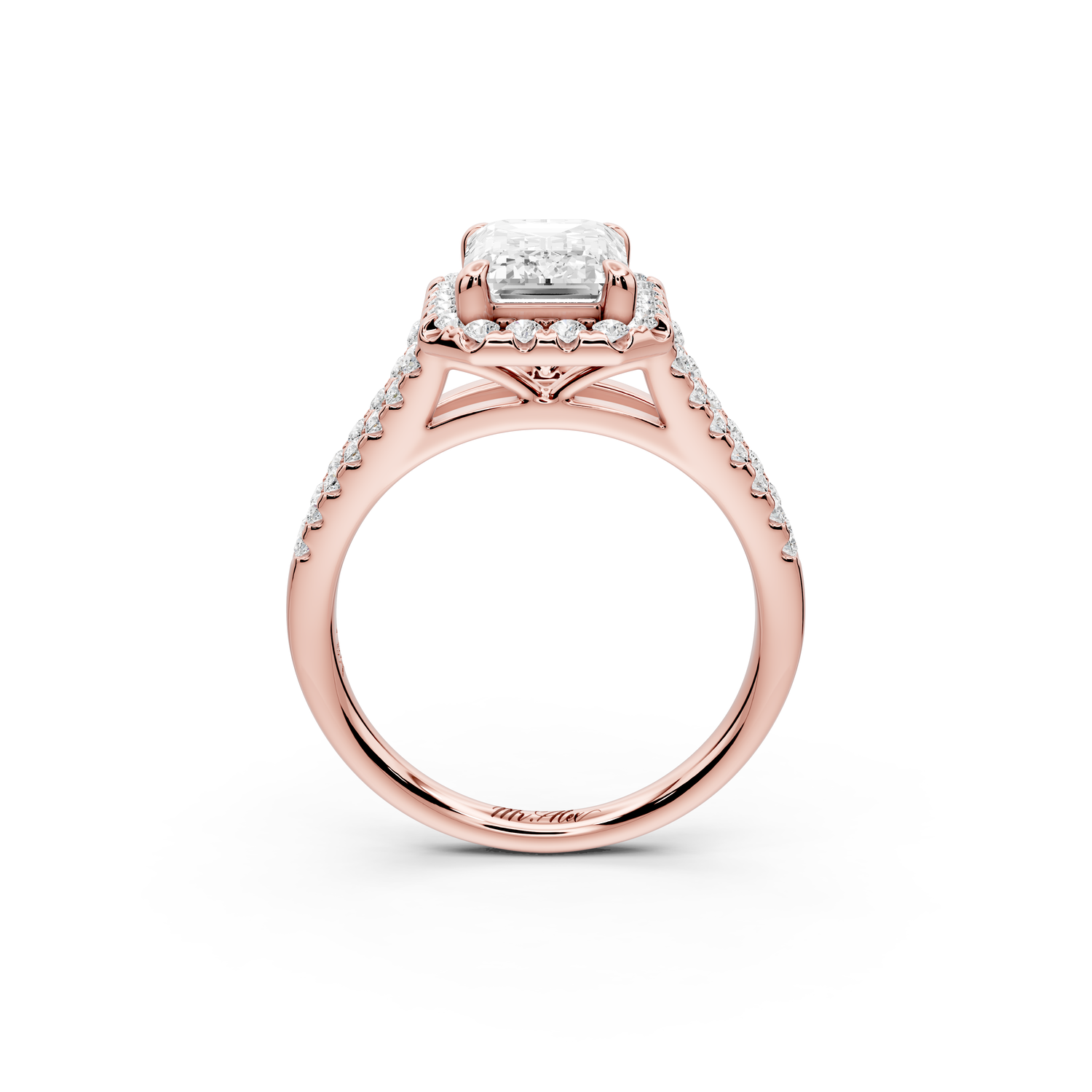Gabrielle - 2ct 14k rose gold emerald Diamond Graduated Halo Pavé Split Shank Engagement Ring