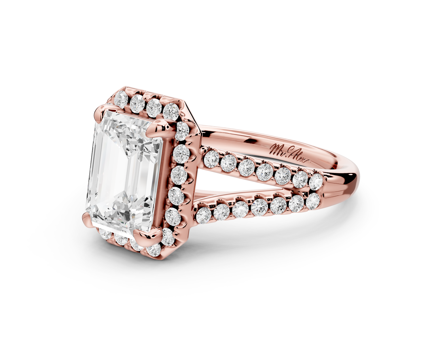 Gabrielle - 2ct 14k rose gold emerald Diamond Graduated Halo Pavé Split Shank Engagement Ring