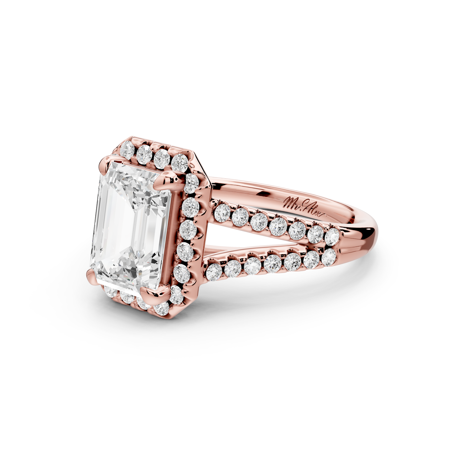 Gabrielle - 2ct 14k rose gold emerald Diamond Graduated Halo Pavé Split Shank Engagement Ring