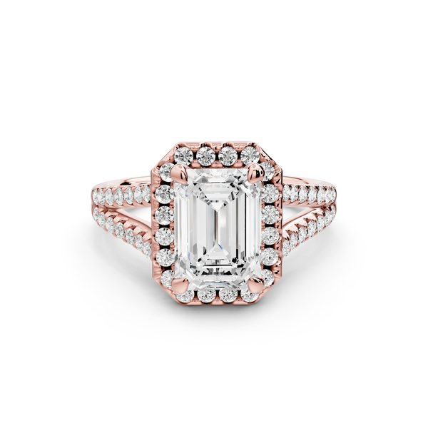 Gabrielle - 2ct 14k rose gold emerald Diamond Graduated Halo Pavé Split Shank Engagement Ring