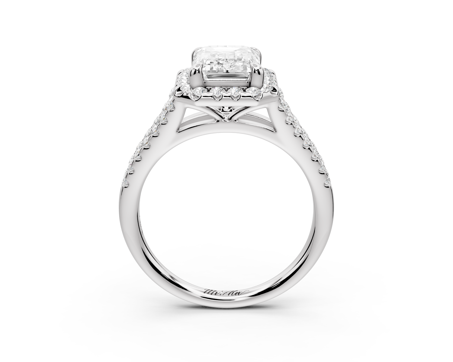 Gabrielle - 2ct 14k white gold emerald Diamond Graduated Halo Pavé Split Shank Engagement Ring