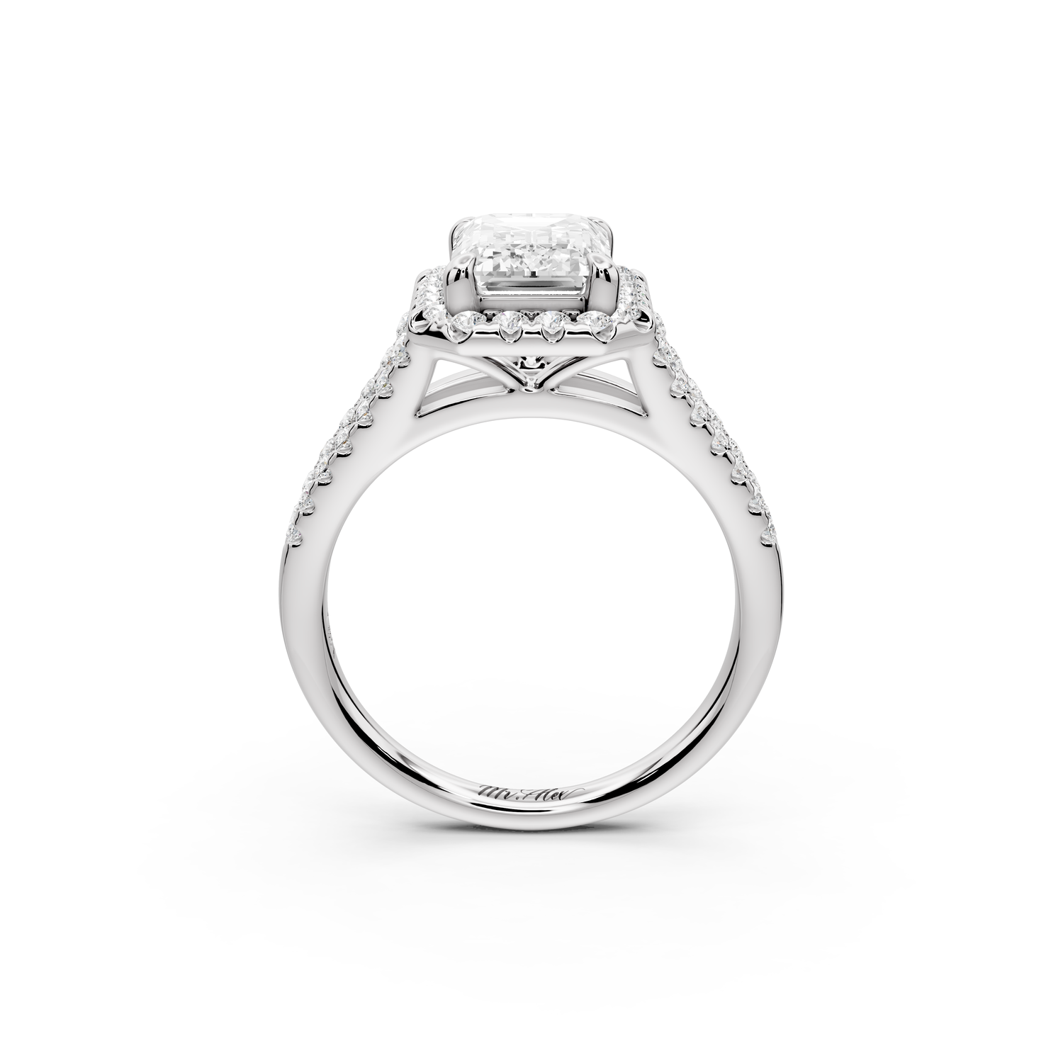 Gabrielle - 2ct 14k white gold emerald Diamond Graduated Halo Pavé Split Shank Engagement Ring