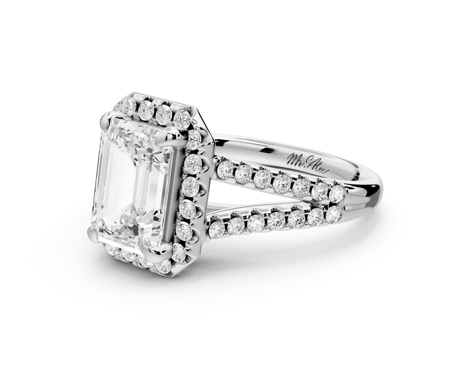 Gabrielle - 2ct 14k white gold emerald Diamond Graduated Halo Pavé Split Shank Engagement Ring