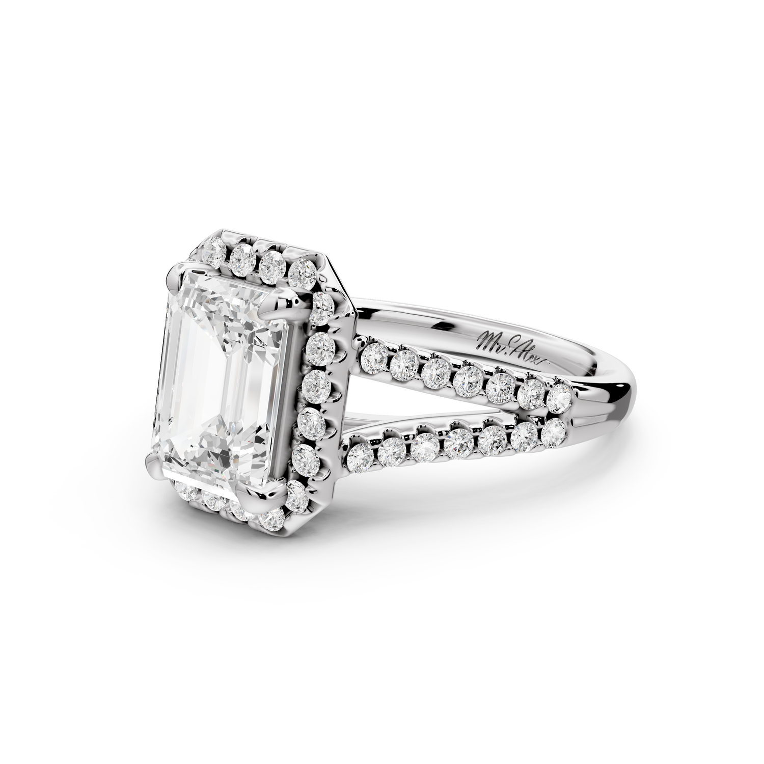 Gabrielle - 2ct 14k white gold emerald Diamond Graduated Halo Pavé Split Shank Engagement Ring