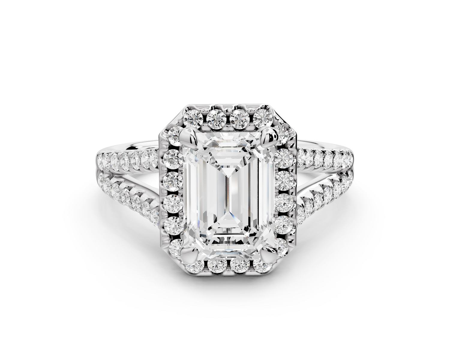 Gabrielle - 2ct 14k white gold emerald Diamond Graduated Halo Pavé Split Shank Engagement Ring