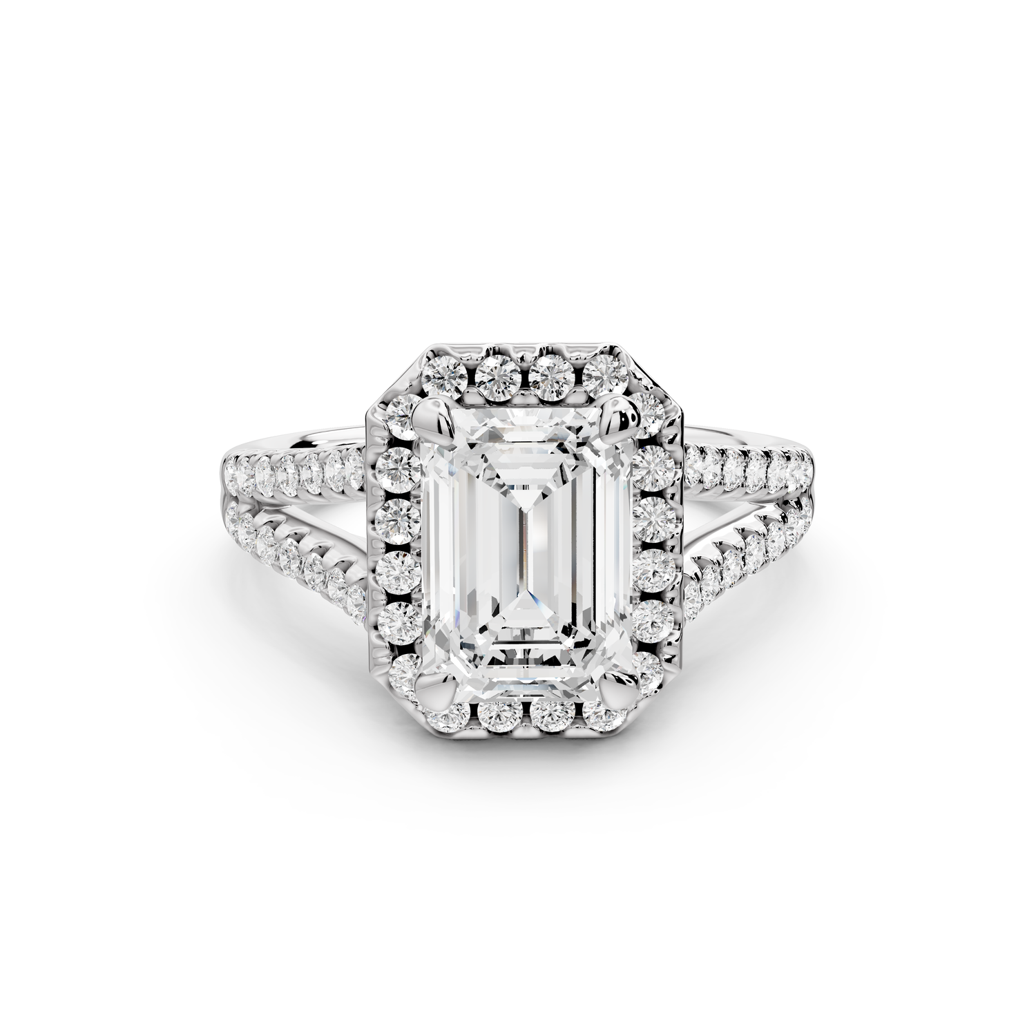 Gabrielle - 2ct 14k white gold emerald Diamond Graduated Halo Pavé Split Shank Engagement Ring