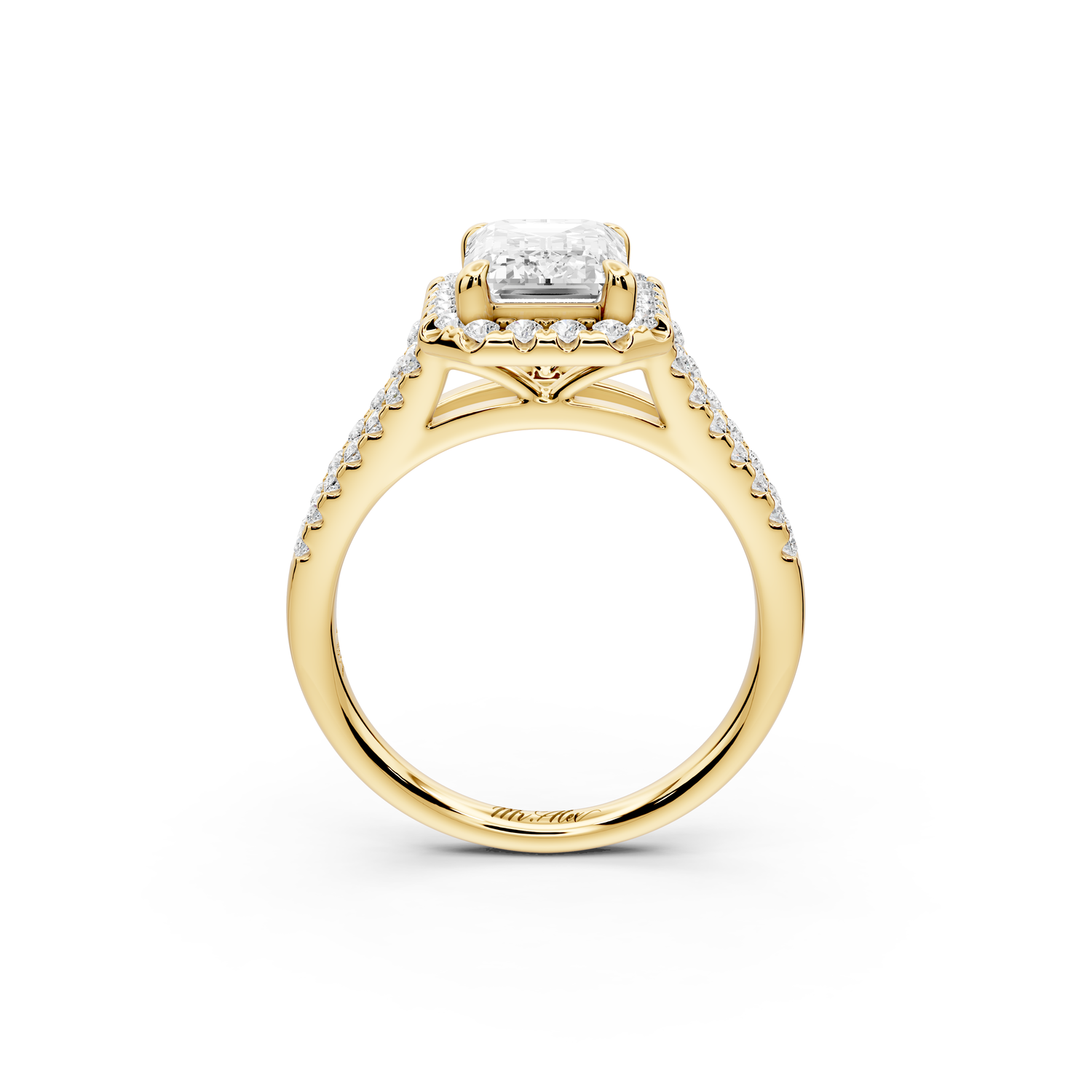 Gabrielle - 2ct 14k yellow gold emerald Diamond Graduated Halo Pavé Split Shank Engagement Ring